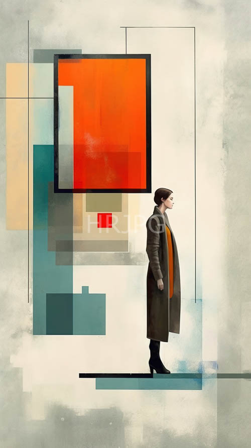 androgynous figure in dark brown coat with vibrant orange scarf and geometric background in orangered black and gray