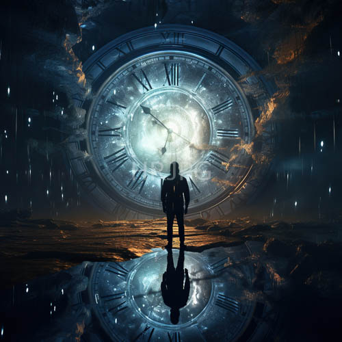 astronaut silhouette dominates enormous celestial clock in dark cosmic backdrop
