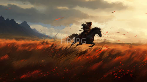rugged frontier rider gallops across frenzied red and orange grasslands under distant mountain silhouettes