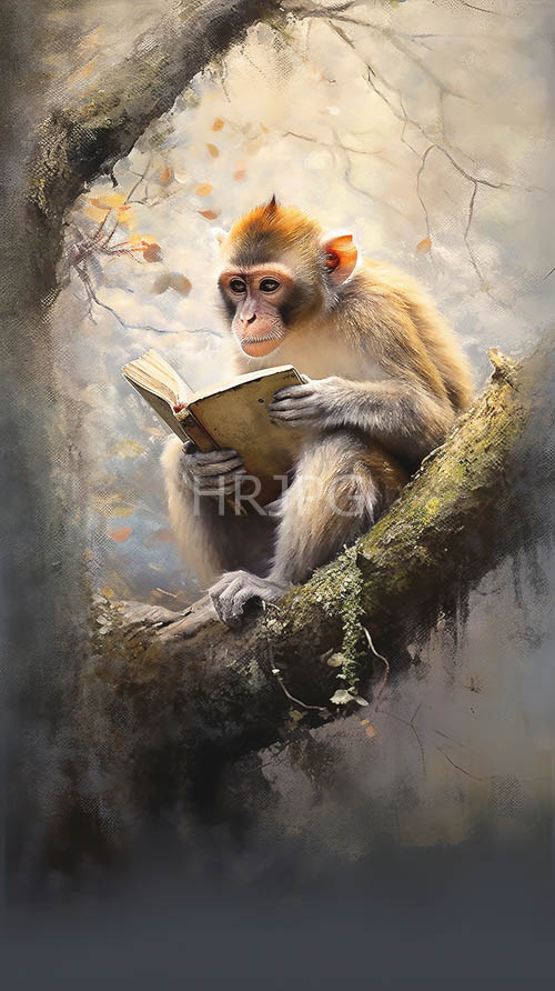 enchanting intelligent monkey in serene forest setting with delicate autumn leaves and open book