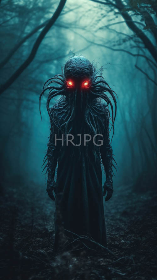 High Resolution: Nocturnal Forest Encounter with Eerie Bioluminescent Creature of Twisted Tentacled Form download. | HRJPG.com