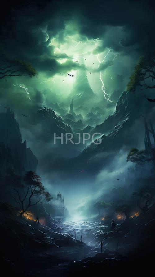 mysterious figures navigate ominous waters beneath greenilluminated storm clouds