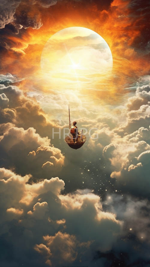 High Resolution: Small wooden ship navigates through billowy clouds amidst moonlit celestial landscape download. | HRJPG.com