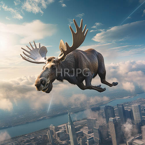 colossal mooses soar majestically above a futuristic urban metropolis