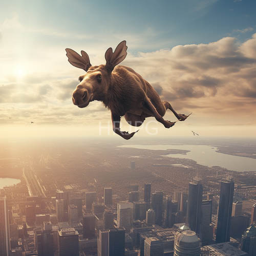 majestic moose defies gravity amidst vibrant cityscape with colossal antlers and powerful fur